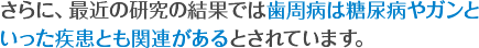 さらに、最近の研究の結果では歯周病は糖尿病やガンといった疾患とも関連があるとされています。